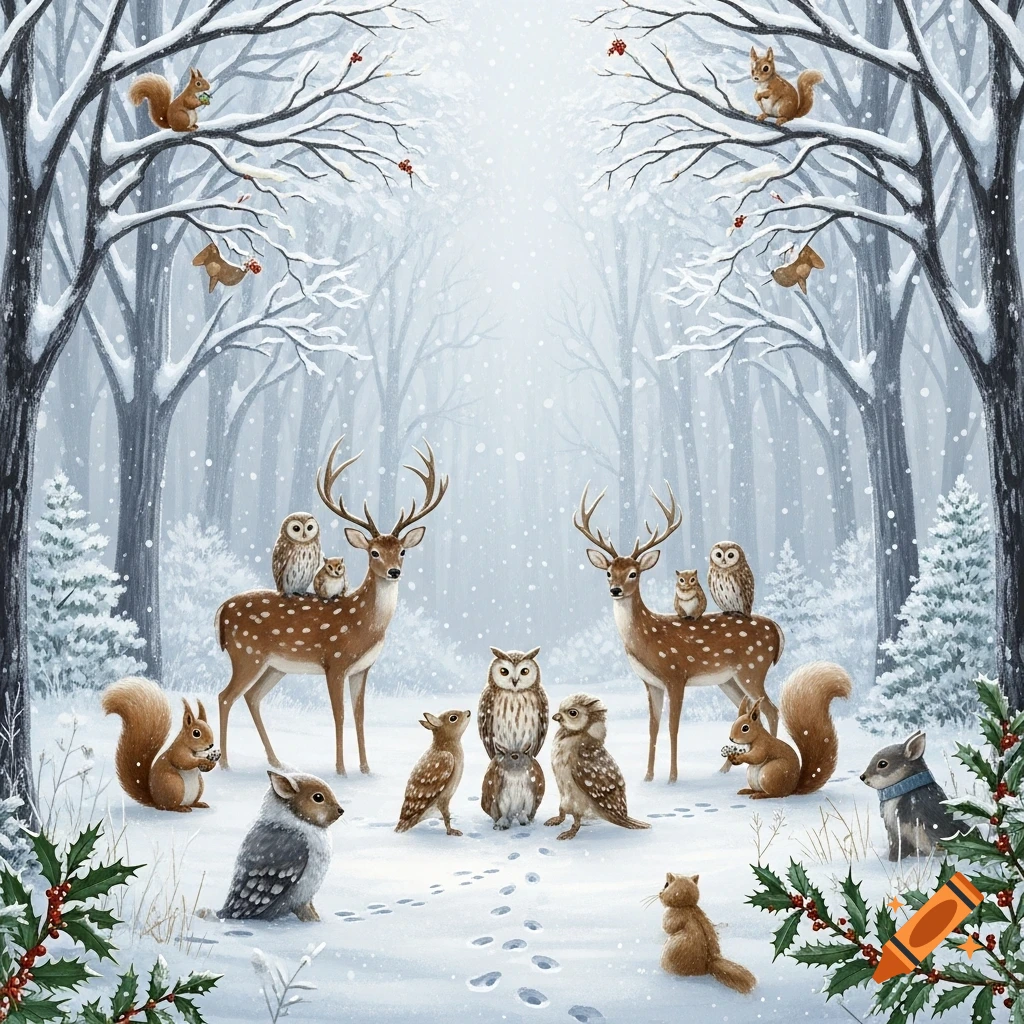 A whimsical illustration of a snowy winter forest scene with various ...