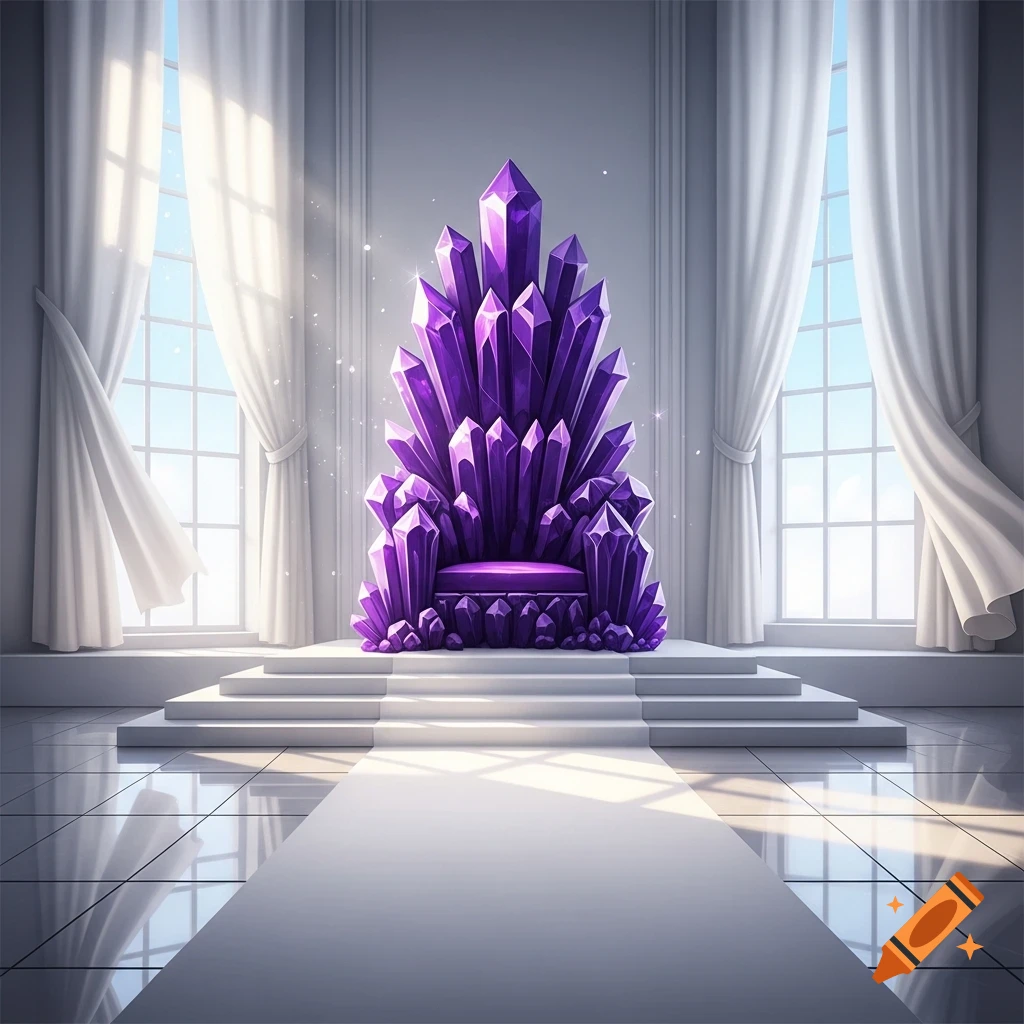 A magnificent purple crystal throne sits on a raised platform in a grand room with white curtains, tall windows, and a long white carpet.