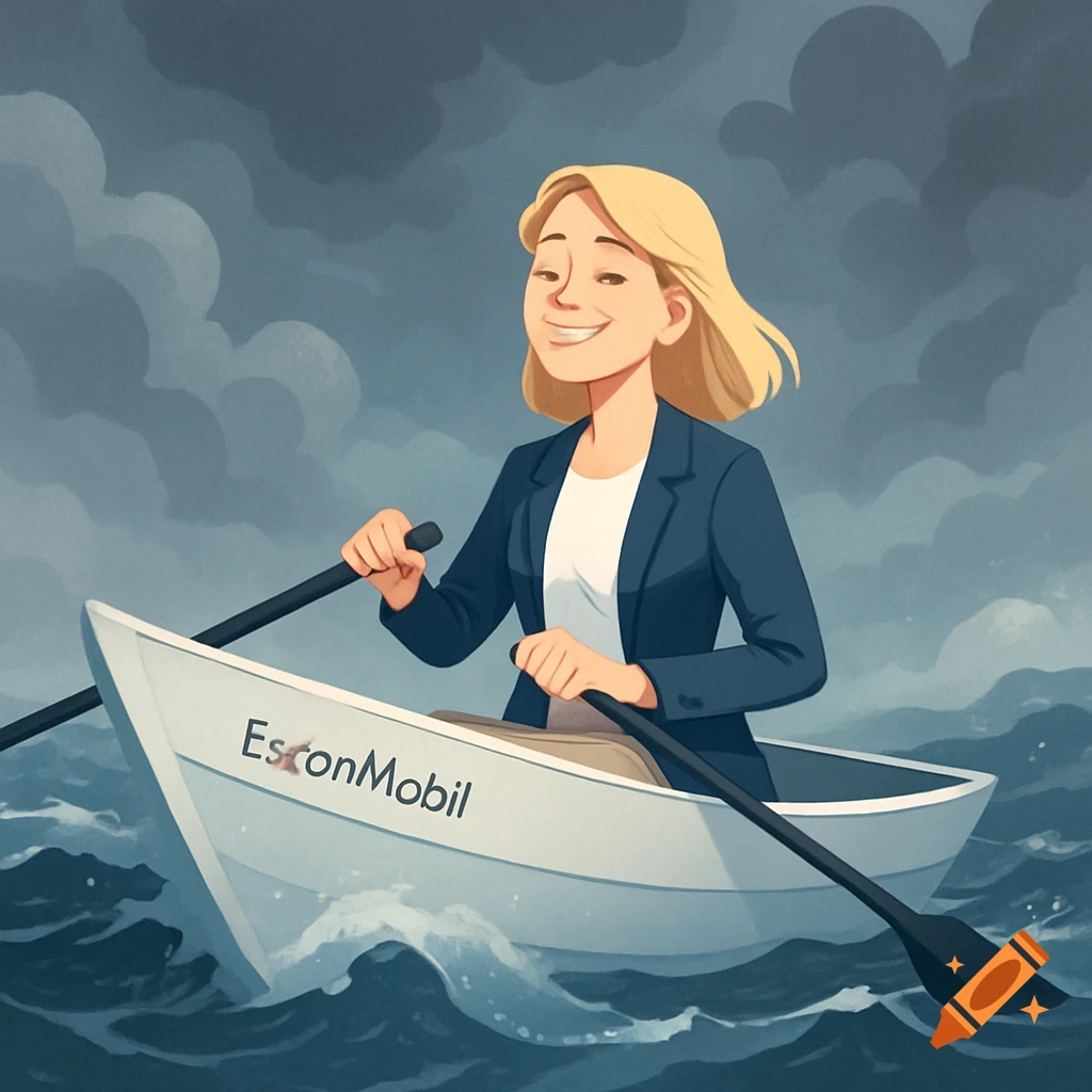 A smiling blond business woman in a suit rows a small boat named 'EstonMobil' through stormy waters in a clean, modern illustration.