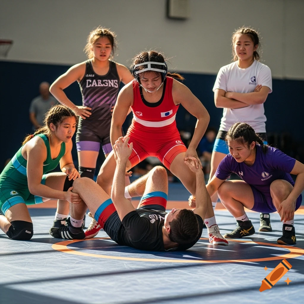 A photorealistic sports photo of an Asian female wrestler pinning a male wrestler on a mat, while her female teammates watch.