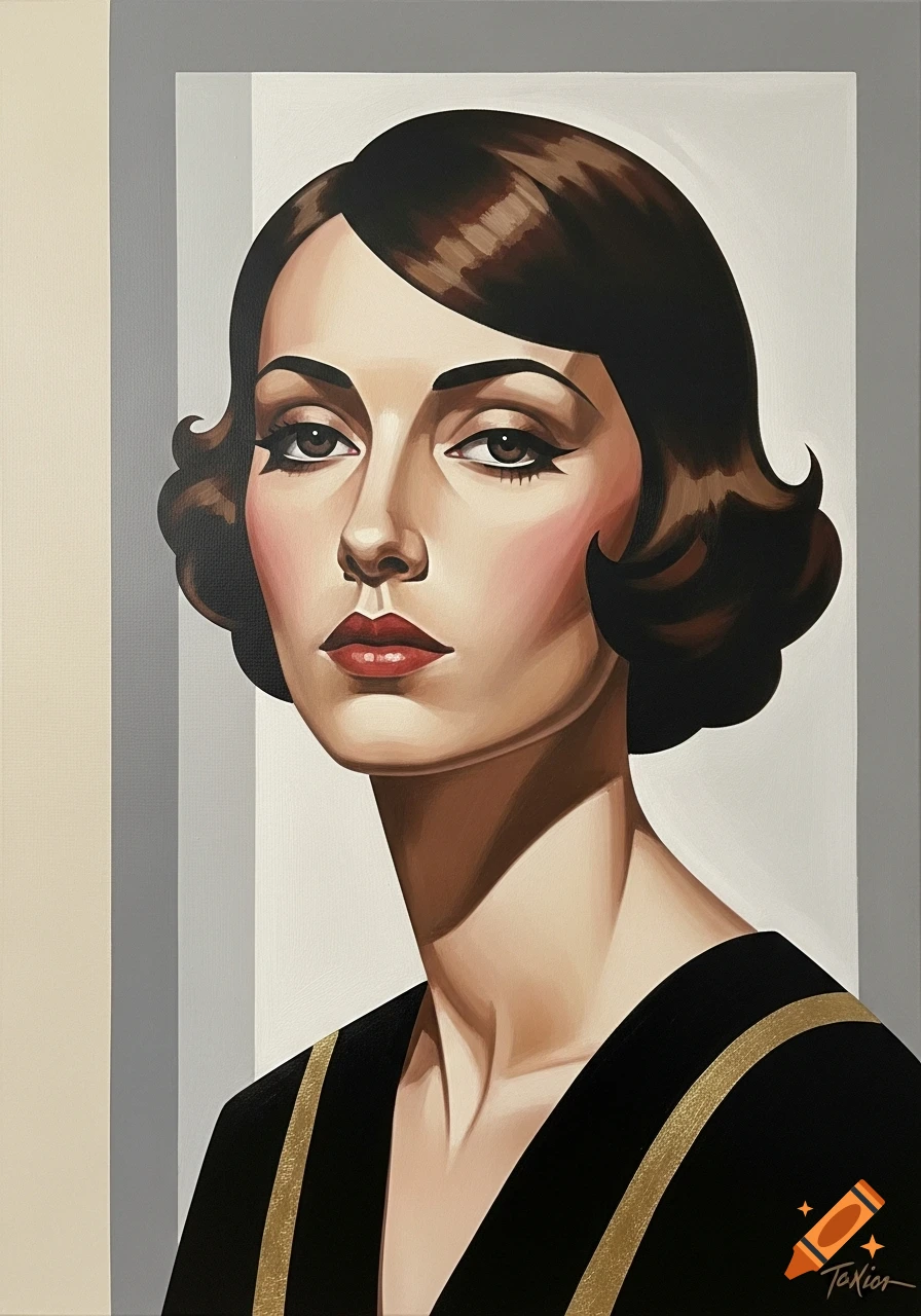 Stylized Art Deco oil painting portrait of a woman with dark bobbed hair, red lips, and a black dress with gold stripes.