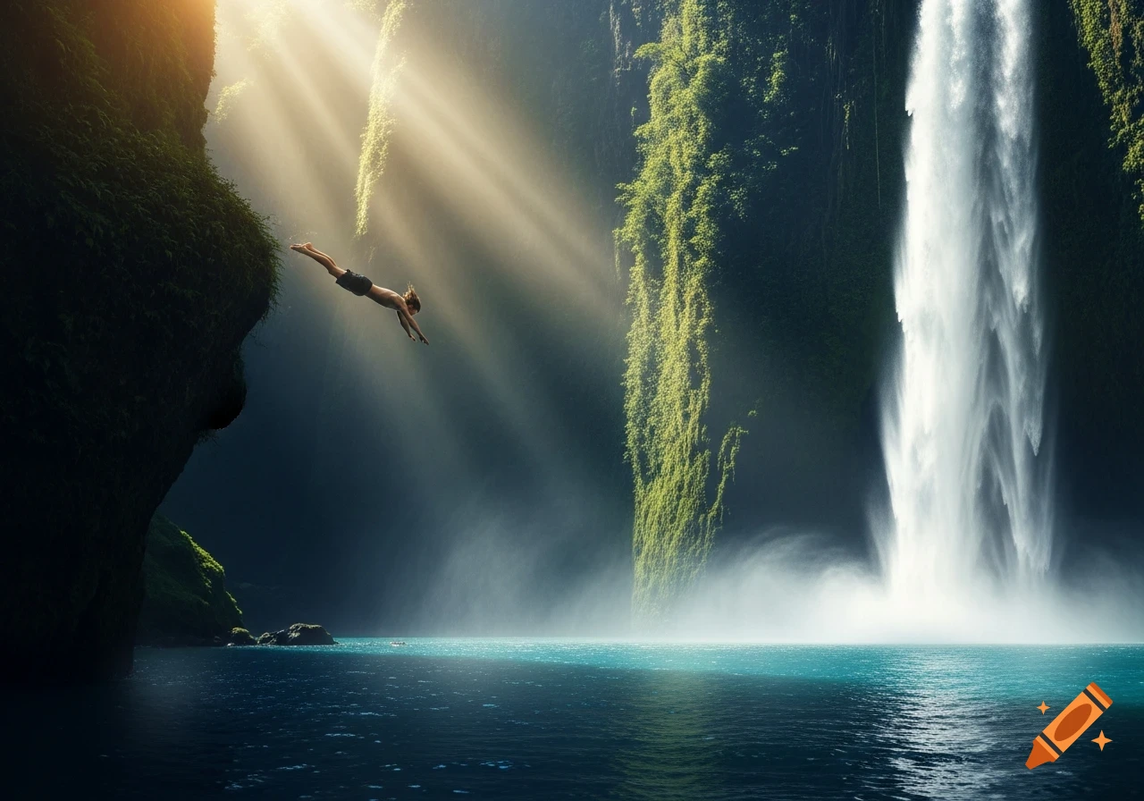 A person dives from a lush green cliff into a clear blue pool with a tall waterfall, bathed in dramatic sunlight. Digital art.
