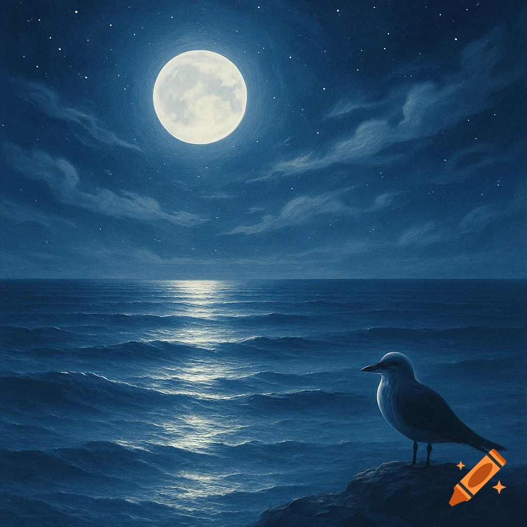 A full moon illuminates a calm, dark blue ocean at night, with a solitary bird perched on a rock in the foreground.