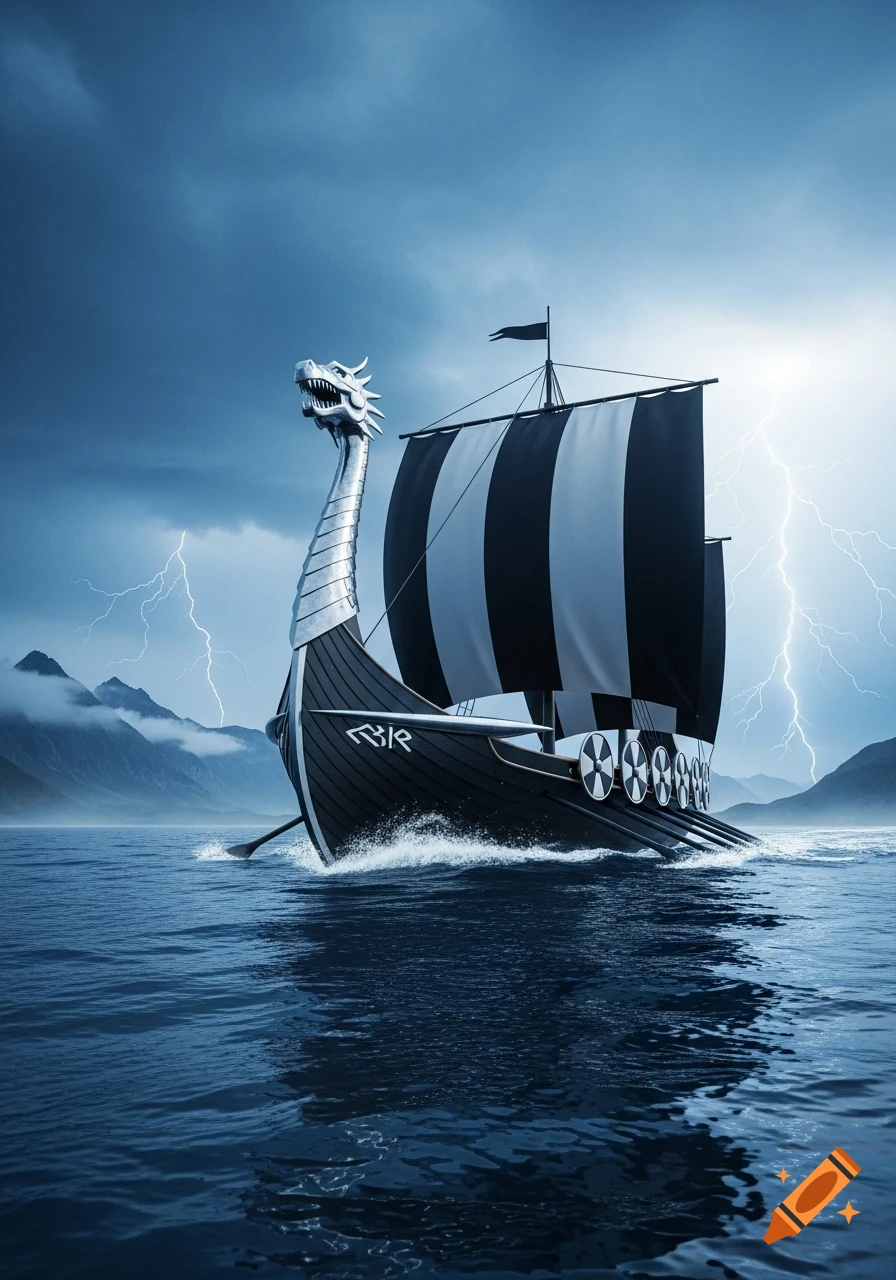 A modern, dark Viking longship with a silver dragon figurehead sails through stormy, dark blue seas under a lightning-filled sky.