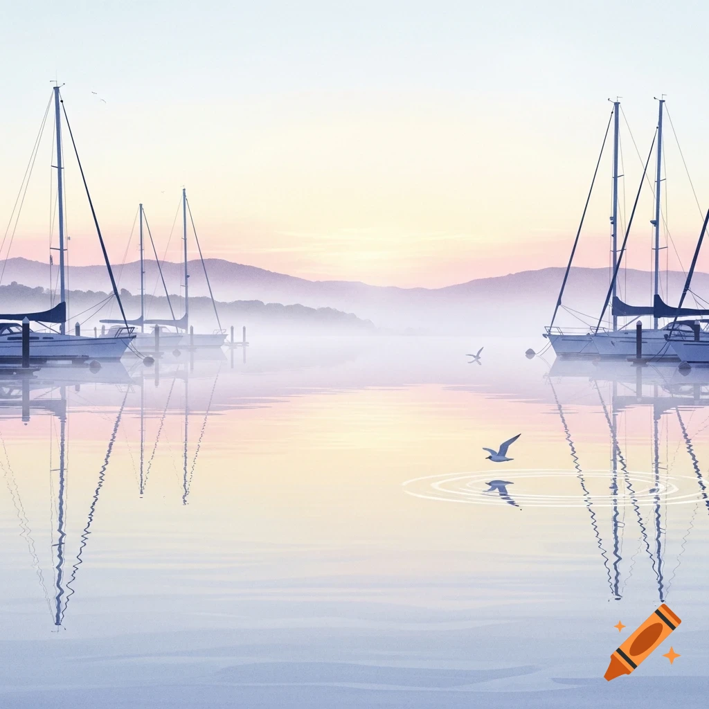 Sailboats docked in a serene marina at sunrise, with soft pastel reflections on the still water and distant mountains in the mist.