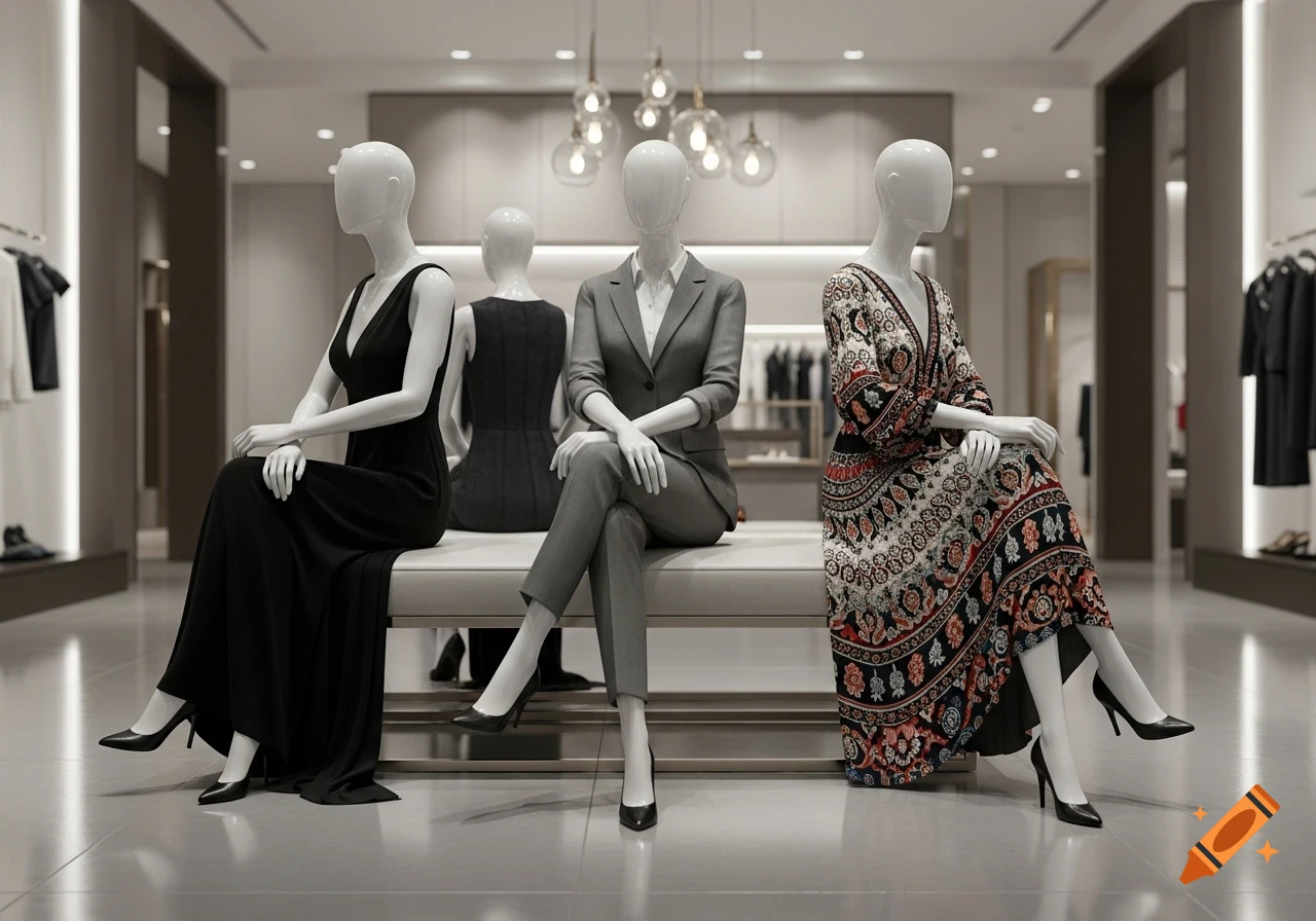 Four mannequins in a modern retail store sitting on a bench, showcasing different outfits: a black dress, a grey dress, a grey pantsuit, and a patterned maxi dress.