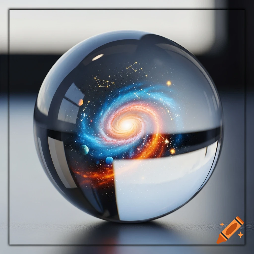 A detailed, photorealistic glass sphere containing a miniature vibrant galaxy with swirling blue and orange nebulae and planets, reflecting its surroundings.
