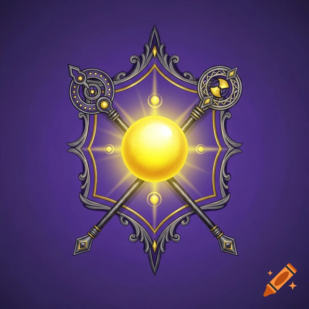 A stylized purple emblem with a glowing yellow magic orb at its center, crossed by two ornate magical scepters, on a deep purple background.