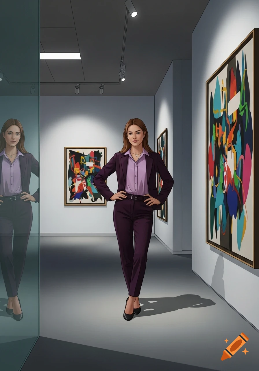 An illustrated young woman in a purple suit poses in an art gallery with abstract paintings and a glass wall reflection.