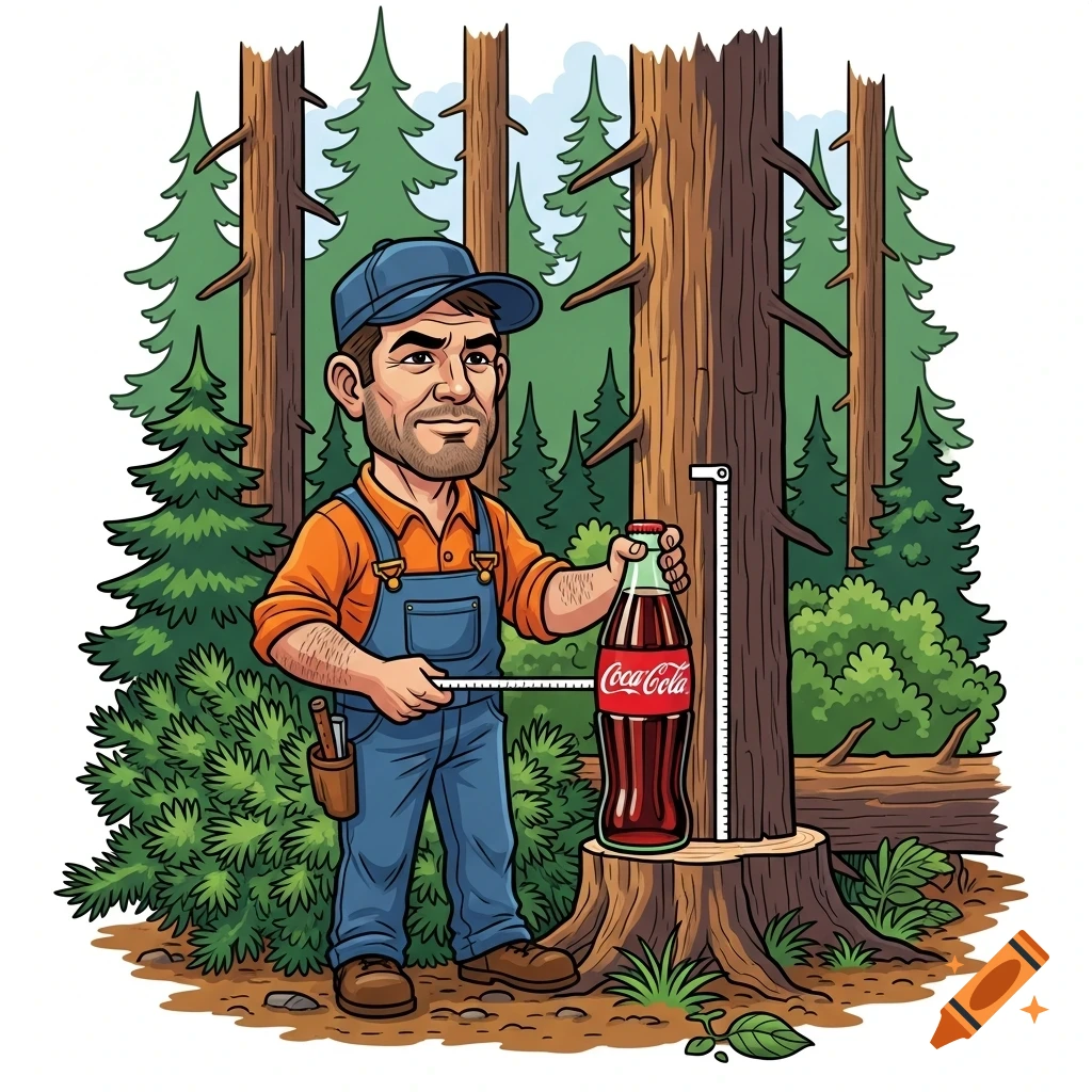 A cartoon lumberjack stands in a forest, measuring a tree stump with a Coca-Cola bottle.