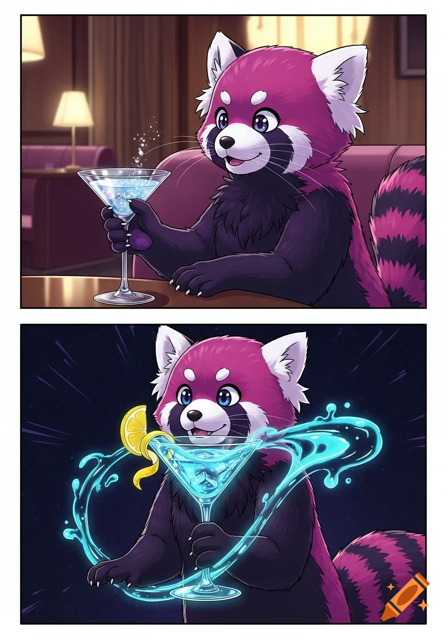 Two-panel manga comic of a purple and black furry red panda holding a martini, then transforming into a glowing blue drink.