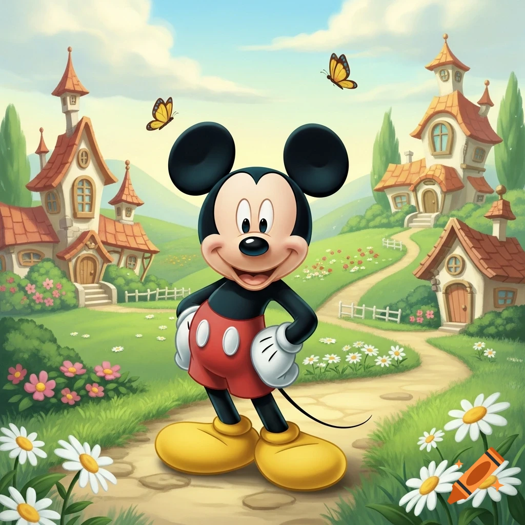 Smiling Mickey Mouse stands with hands on hips in a whimsical cartoon village with cottages, green hills, flowers, and butterflies.