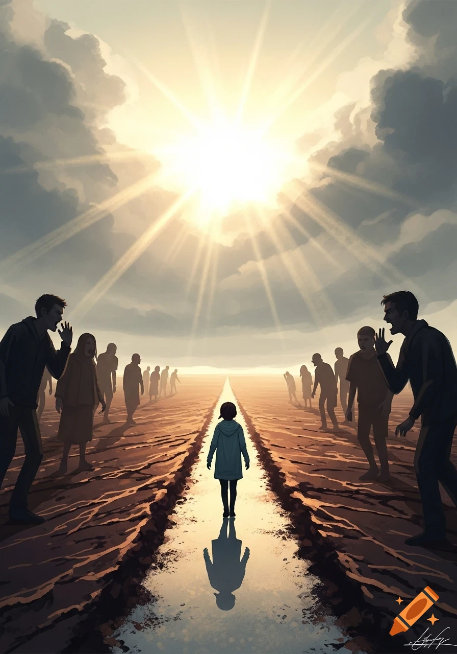 An illustrated scene of a child walking down a bright, reflective path towards a radiant light, while shadowy figures on either side appear to yell at them.