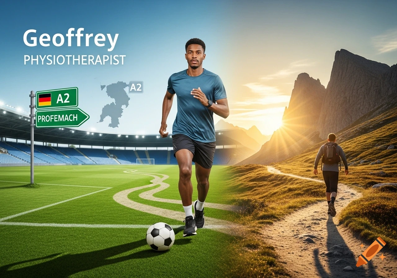 A man named Geoffrey, a physiotherapist, runs on a soccer field, with a German road sign and map. The image transitions to a person hiking a mountain trail at sunset.