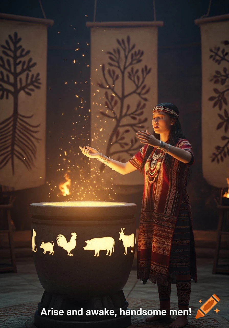 A woman in traditional clothing performs a fire ritual over a glowing vessel with animal symbols. Text reads: Arise and awake, handsome men!
