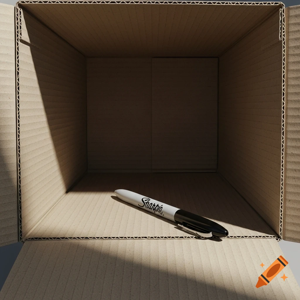 A white Sharpie pen lies on the bottom of an open, empty cardboard box, bathed in sunlight.