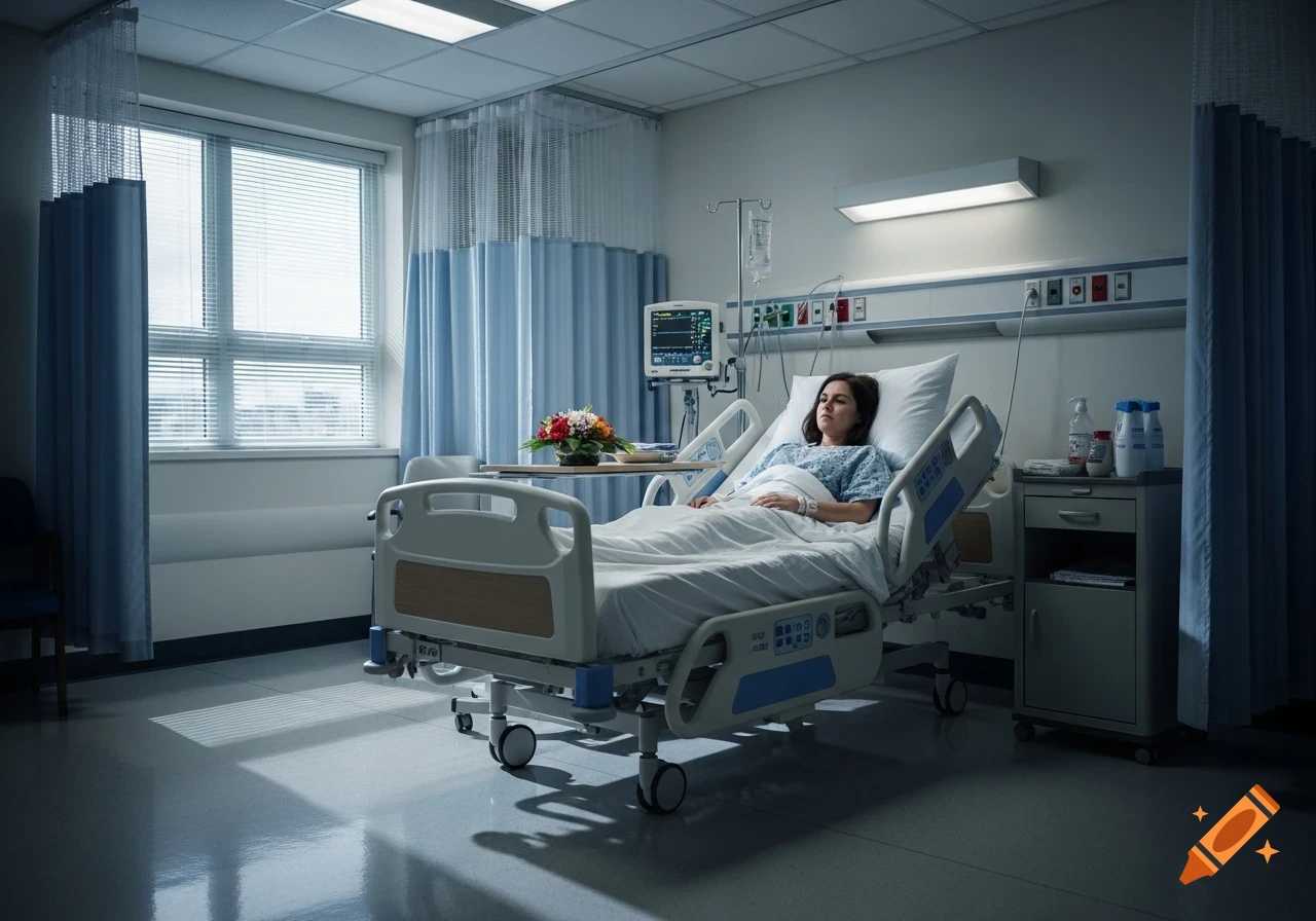 A woman lies in a hospital bed in a dimly lit room, with medical equipment nearby and flowers on a tray.