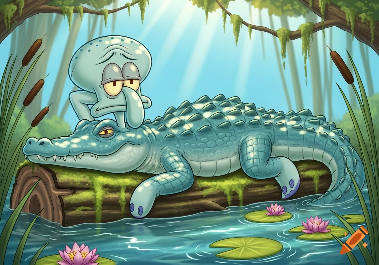 A grumpy light blue Squidward-like alligator lies on a log in a sunny swamp with lily pads and hanging moss.