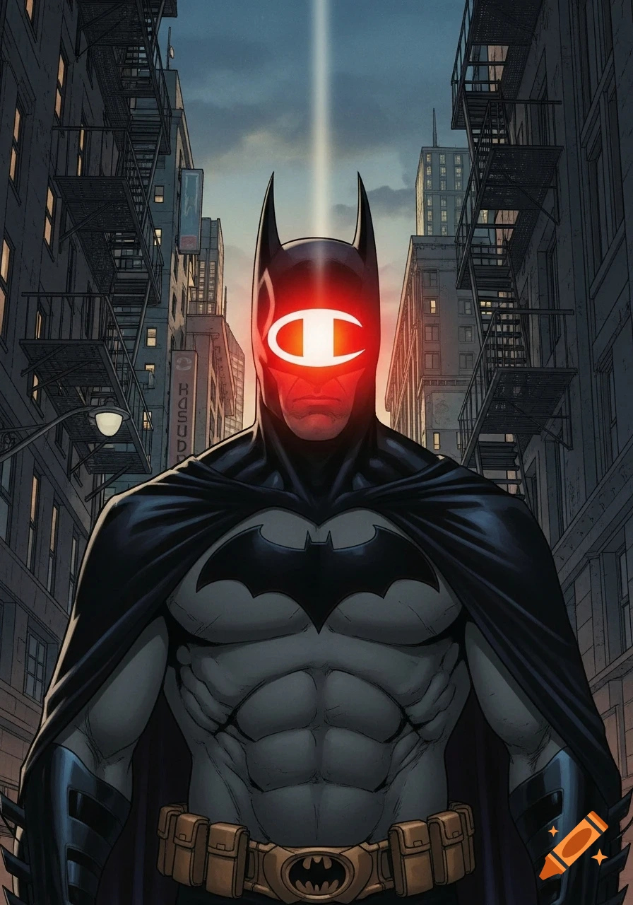 Batman with a glowing red Champion logo over his eyes and a subtle bad sunburn on his face, standing in an alleyway at night between city buildings, in a comic book art style.