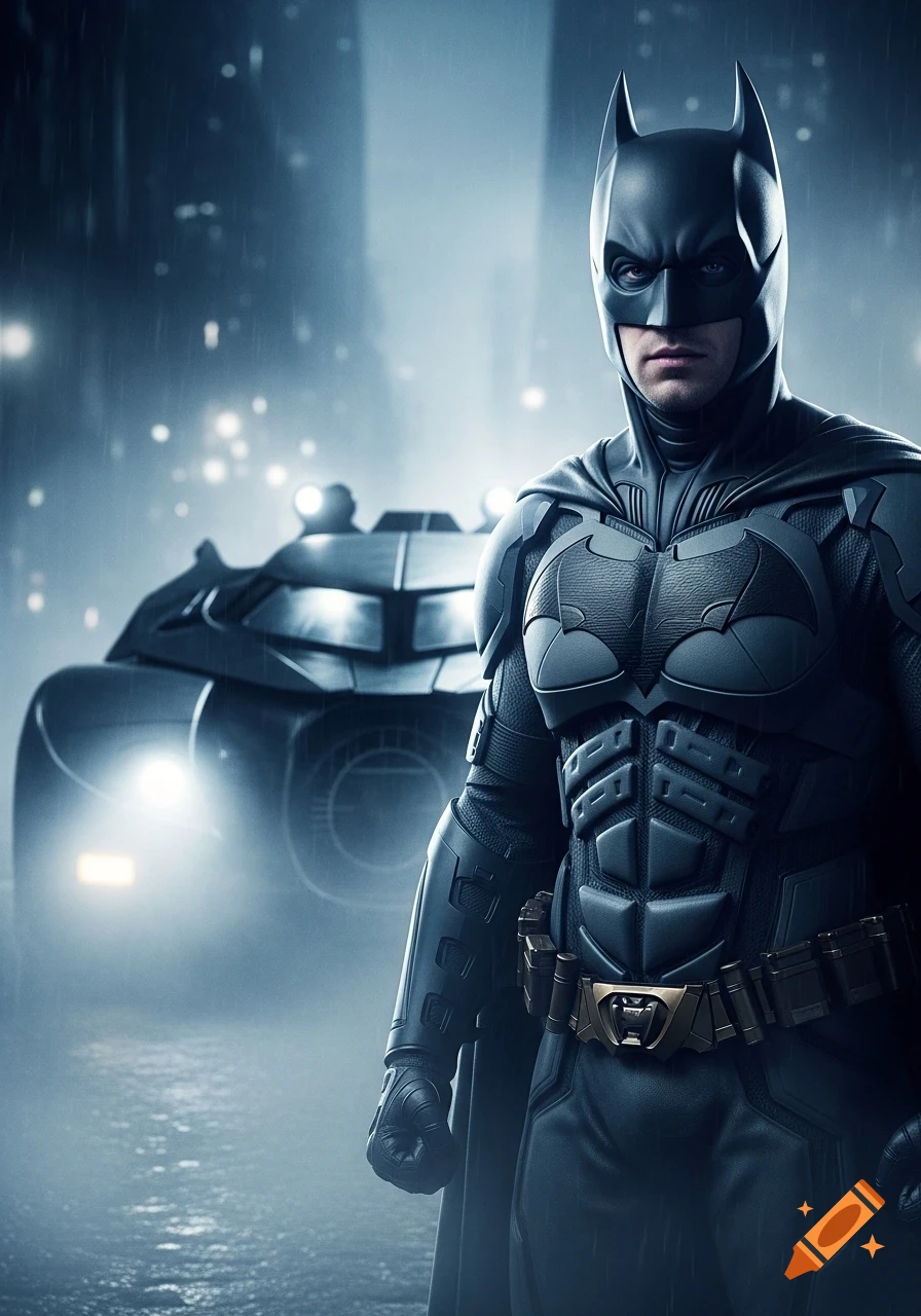 Photorealistic Batman stands in a rainy Gotham City night, with the Batmobile behind him, rendered in a dark, cinematic style.