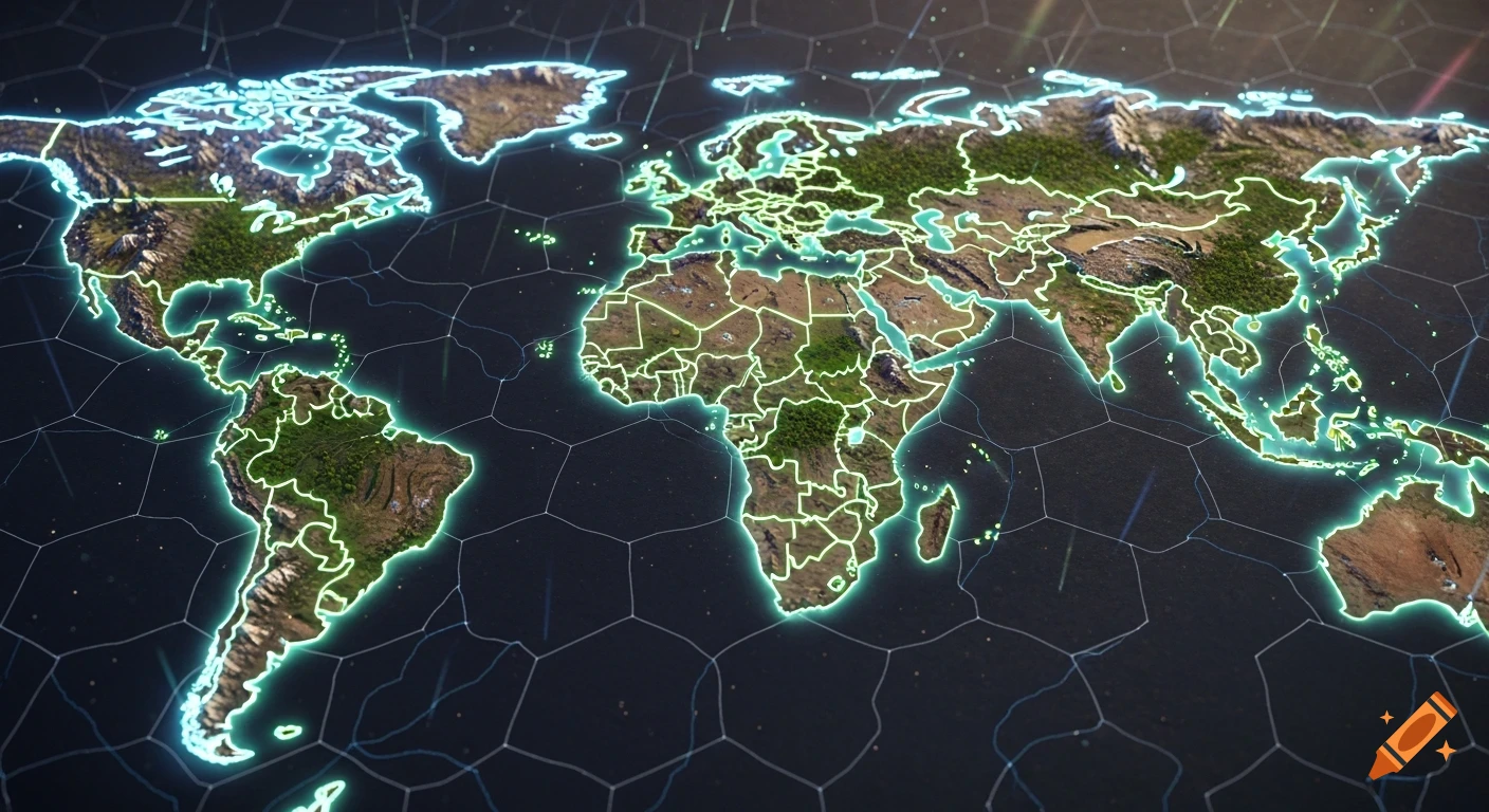 A detailed, glowing digital world map, resembling a strategy game interface.
