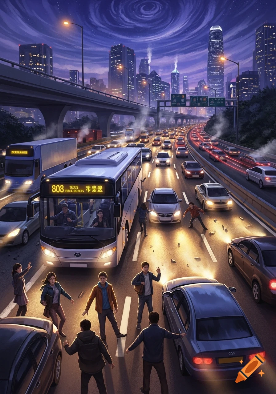 A dramatic illustration of a chaotic city expressway at dusk, with heavy traffic, tall buildings, and people on the road.