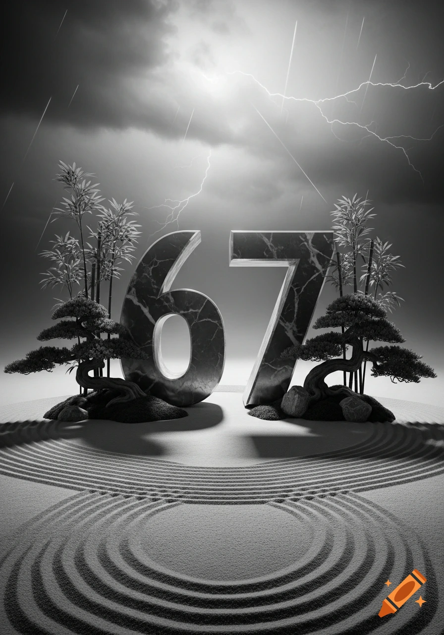 Large marble numbers 67 in a black and white zen garden with raked sand, bonsai, bamboo, and a stormy sky with lightning.