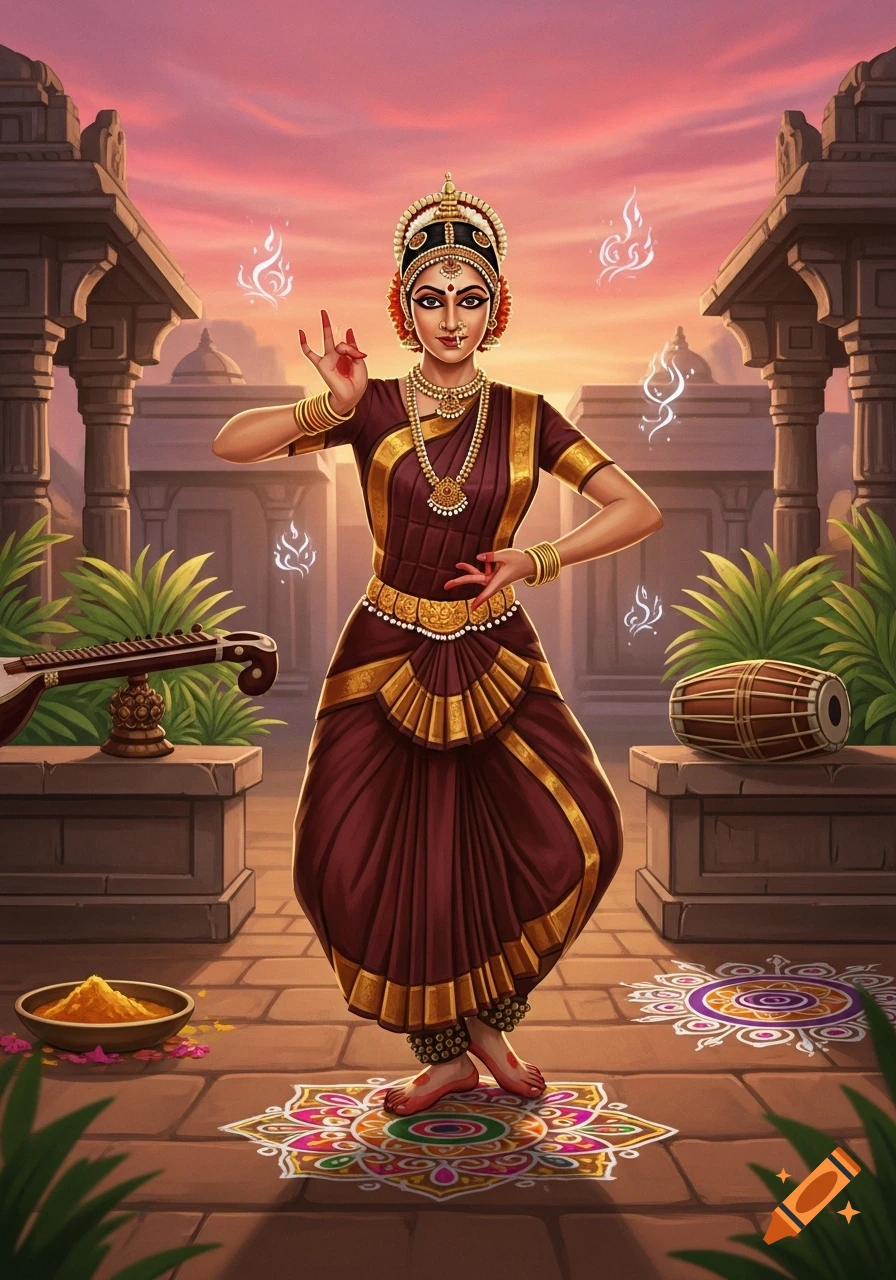 A South Indian woman in traditional attire performs Bharatanatyam in a temple courtyard at sunset, surrounded by instruments.