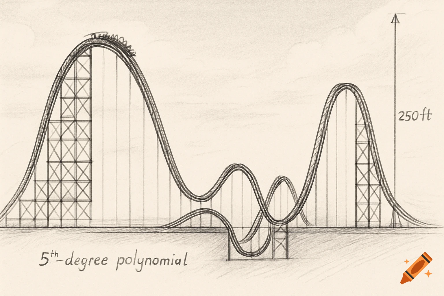 A sepia-toned sketch shows a roller coaster track forming a 5th-degree polynomial graph, with a 250ft height marked.