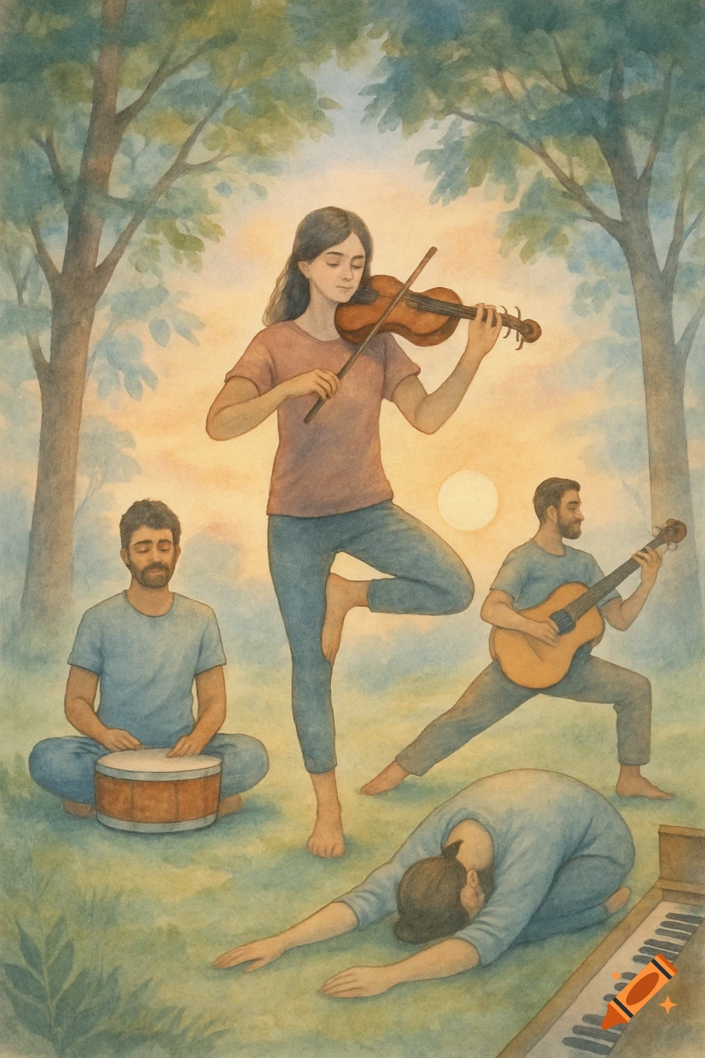 Watercolor painting depicts people playing violin, guitar, and drum, with others in yoga poses, outdoors at sunset.