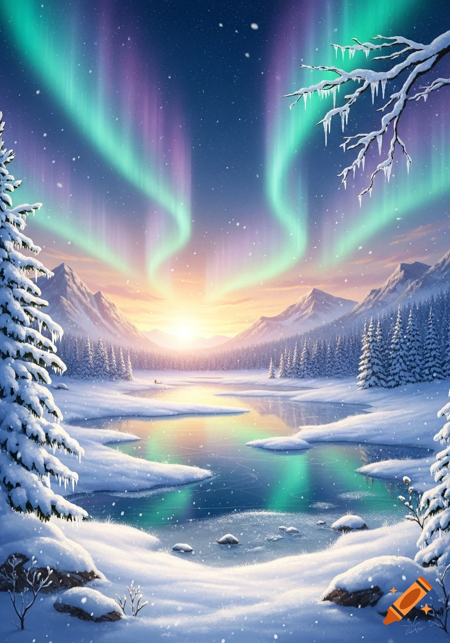 A vibrant aurora borealis lights up a snow-covered winter landscape with mountains, evergreen trees, and a frozen lake at sunset.