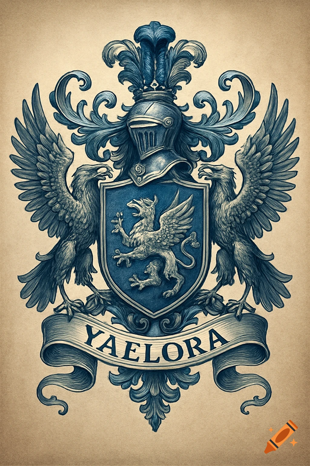 A detailed blue and silver coat of arms with two eagles supporting a shield featuring a griffon, topped with a helmet and plume, and a banner reading "YAELORA" underneath.