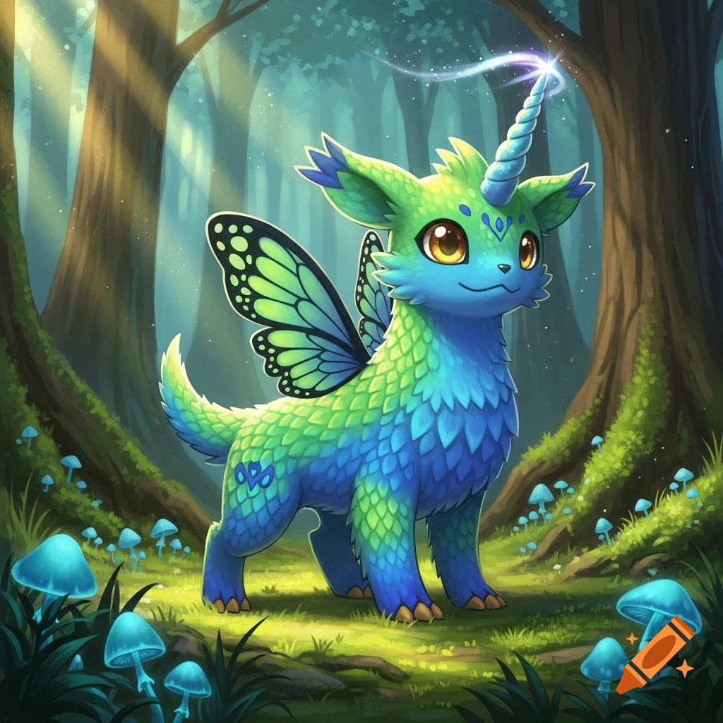 A cute, blue and green scaly creature with butterfly wings and a ...