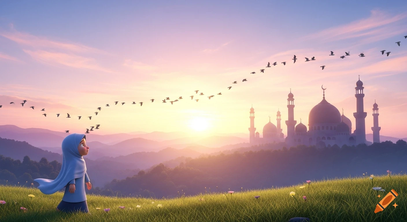 A young Muslim child in blue hijab on a grassy hill, looking up at birds flying over a mosque and mountains at sunrise in Disney Pixar 3D animation style.