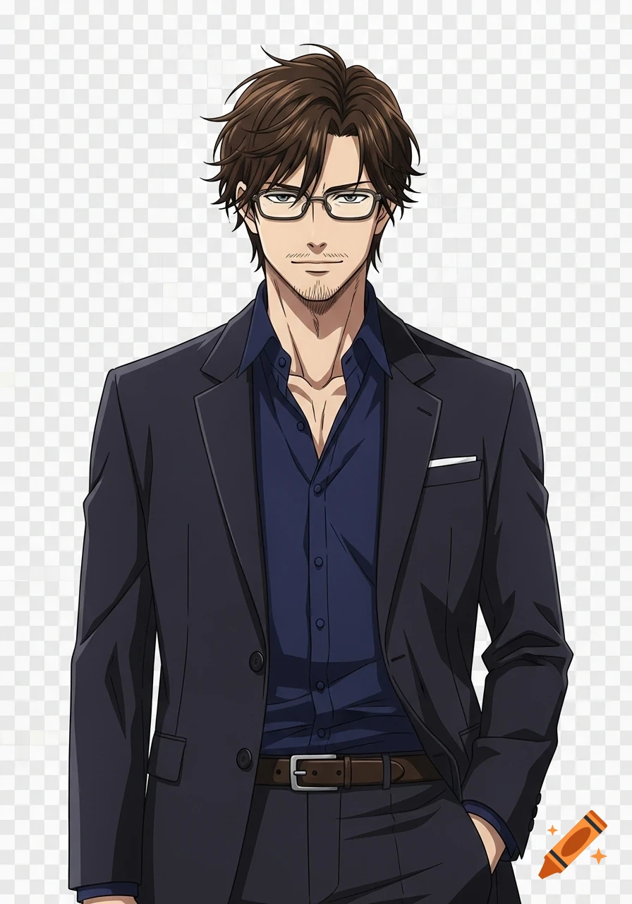 Anime illustration of a sophisticated man with brown messy hair, glasses, and stubble, wearing a dark suit and blue shirt with an open collar.