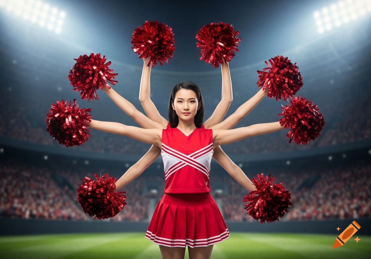 A Japanese cheerleader with eight arms, each holding a red pom-pom, stands on a sports field in a stadium.