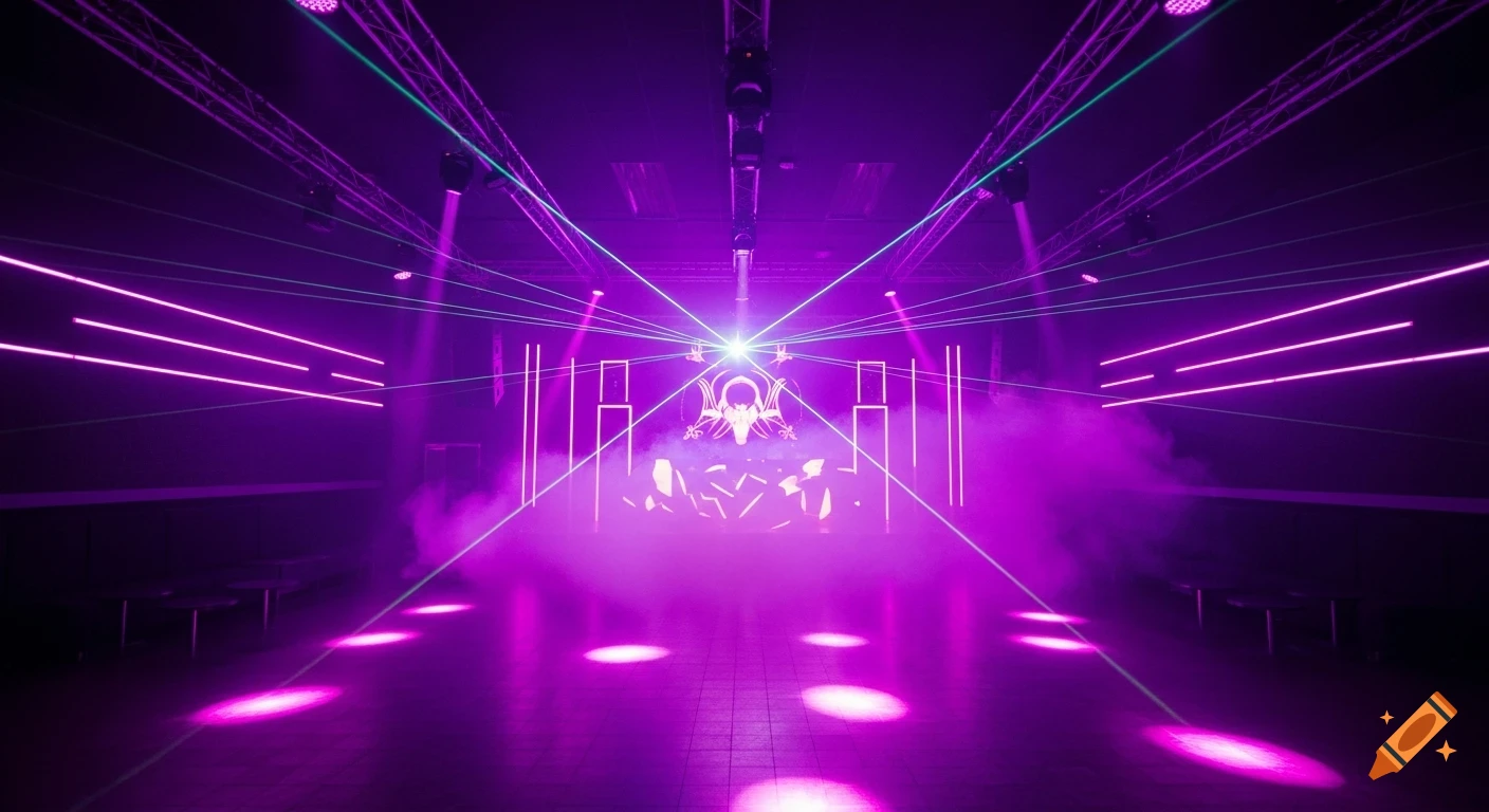 An empty nightclub venue illuminated by bright purple and hot pink uplighting, laser beams, and fog effects, creating an immersive atmosphere.