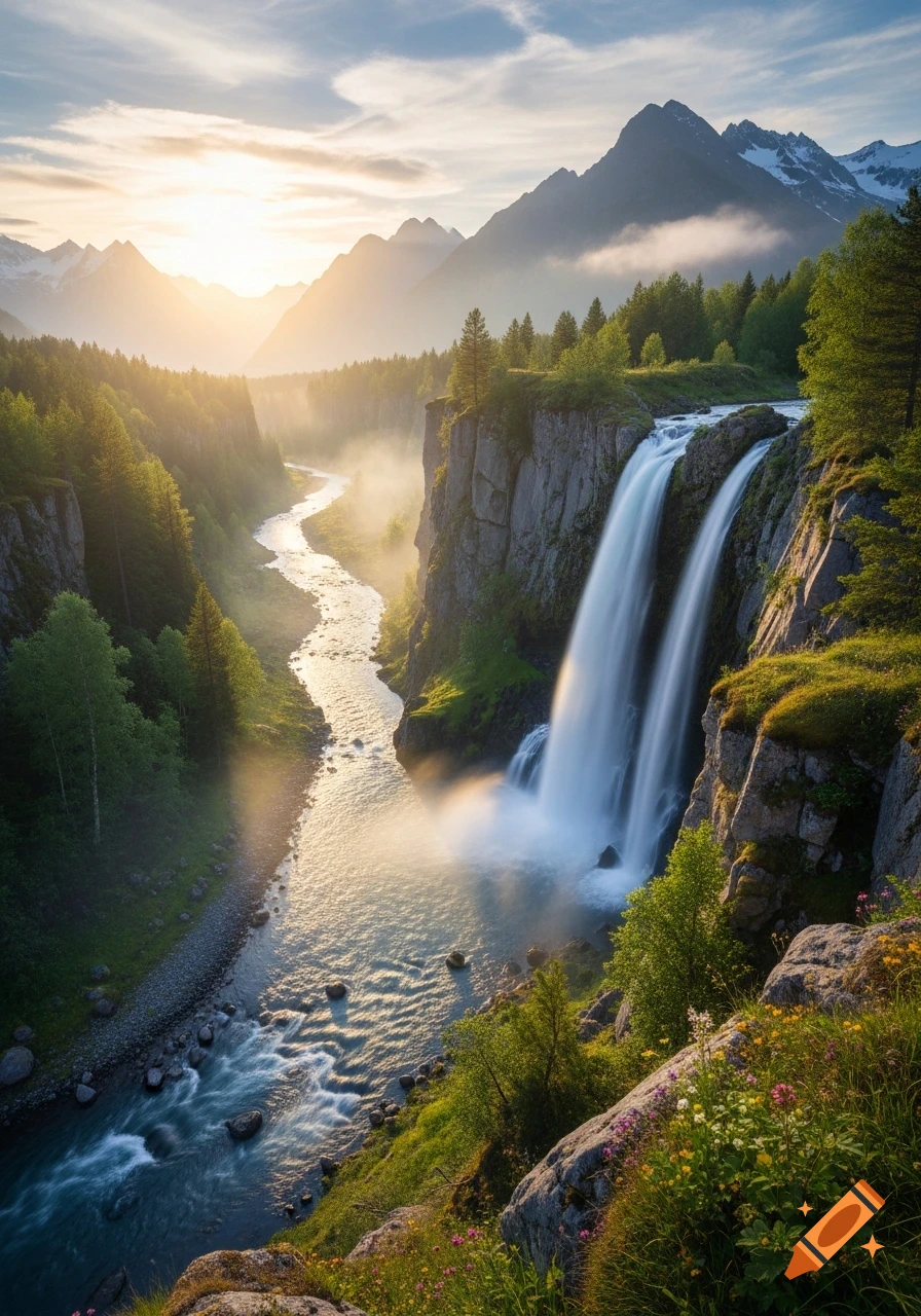 Photorealistic view of a powerful waterfall flowing into a river through a lush canyon with forests and sunlit mountains.