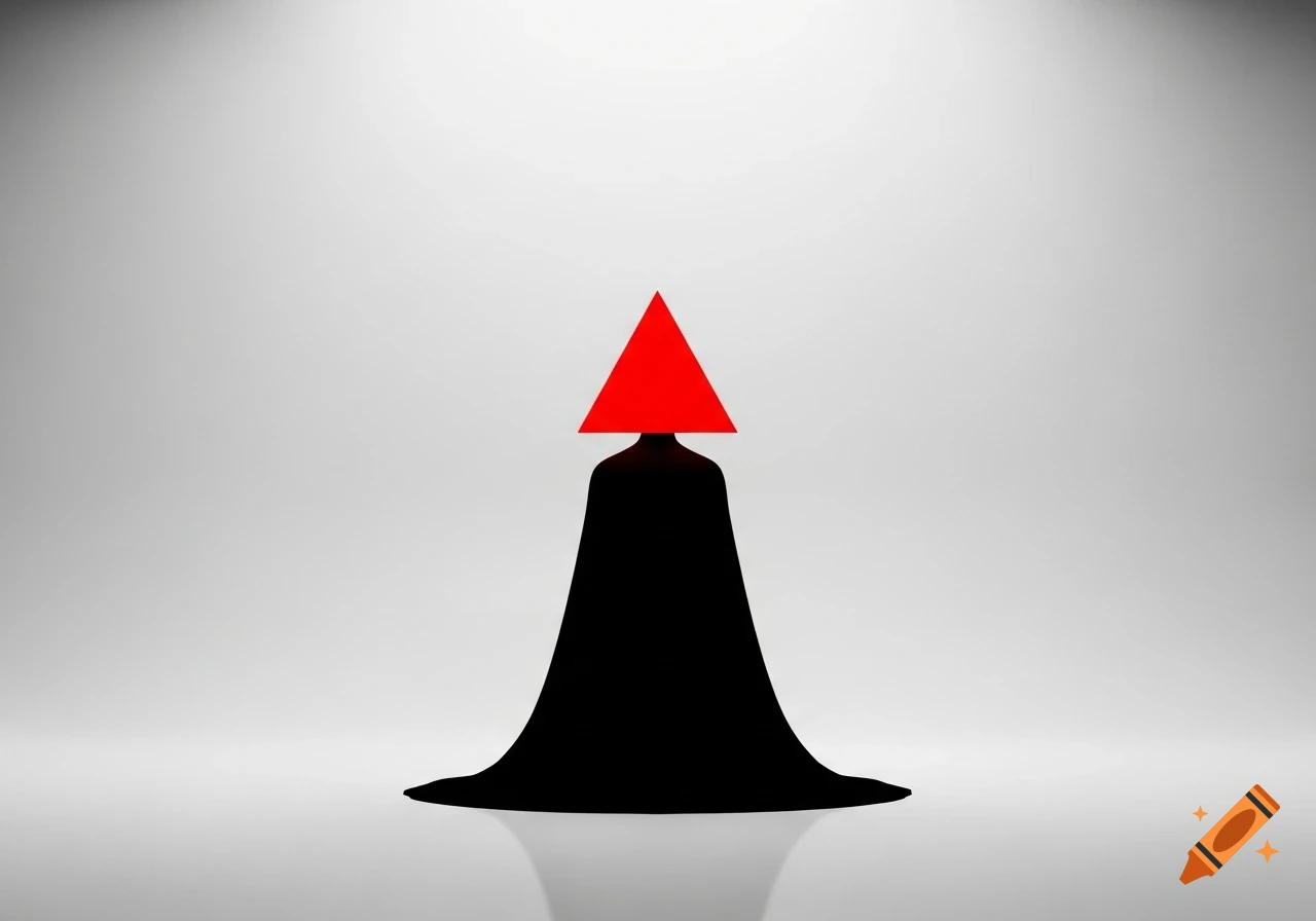 A minimalist black silhouette with a red triangle for a head stands in a white void.