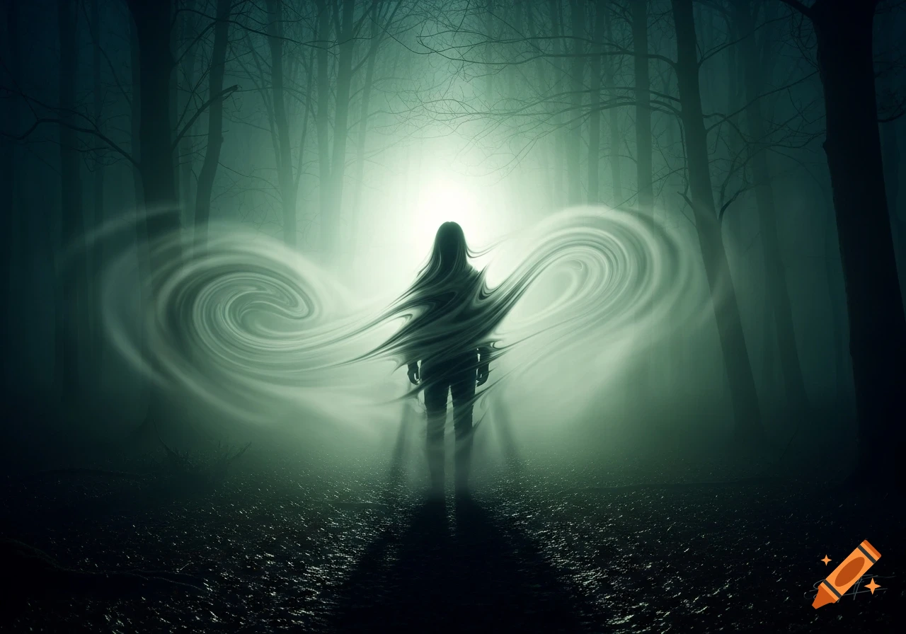 Eerie silhouetted figure in a dark, misty forest, surrounded by swirling ghostly white fog.