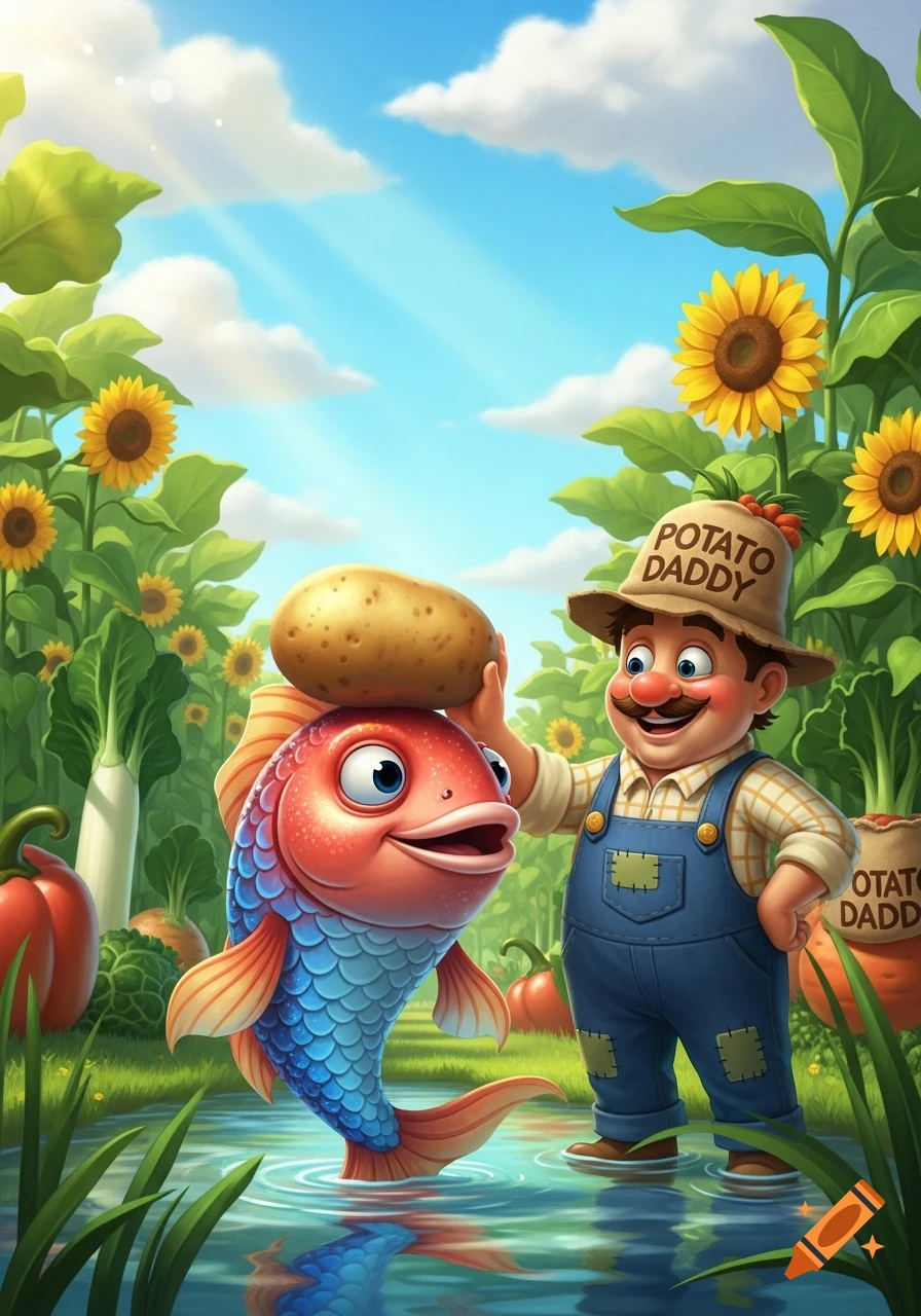 Cartoon farmer with 'POTATO DADDY' hat putting a potato on a smiling fish's head in a garden with sunflowers.