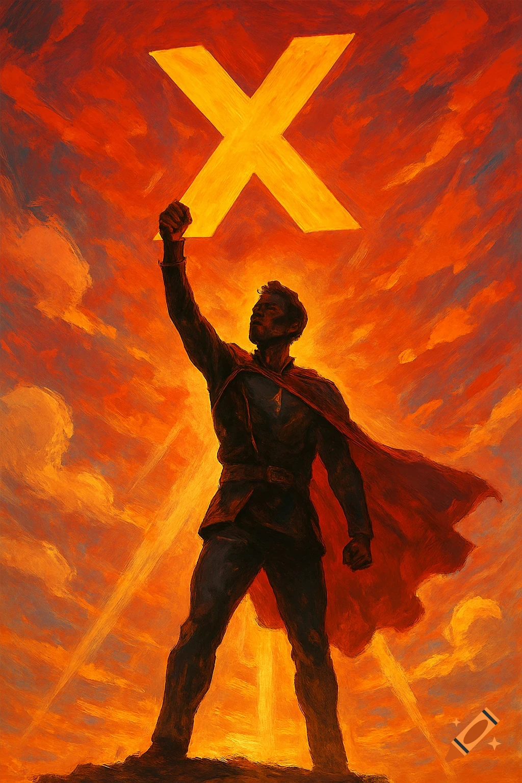 A heroic figure in a dark uniform and red cape holds up a glowing yellow 'X' against a dramatic, fiery orange and red sky, in a painterly style.