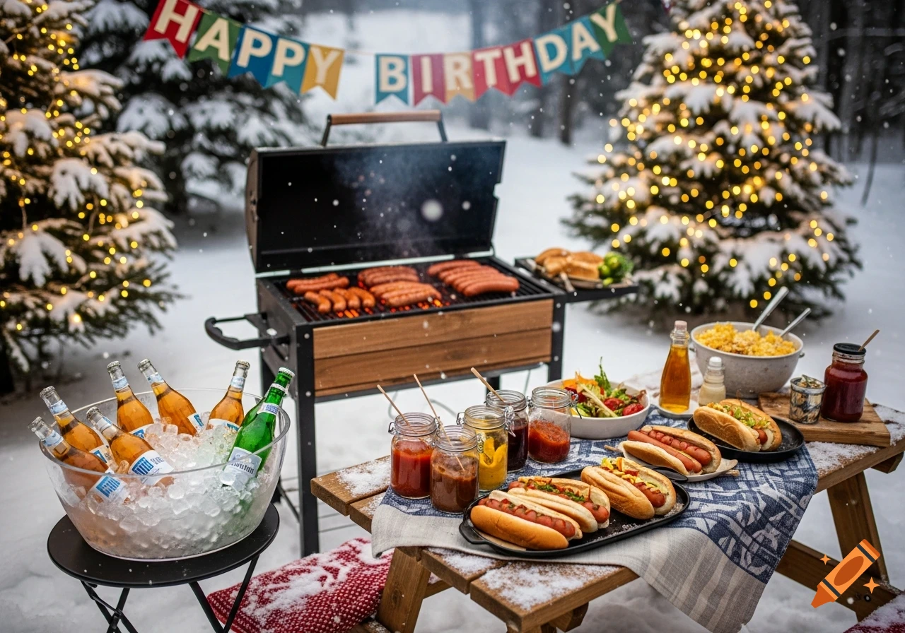A photorealistic image of a winter birthday barbecue with sausages grilling, hot dogs, and cold beers on a snowy picnic table, surrounded by illuminated trees.