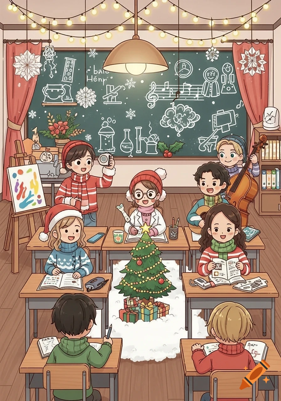 Cartoon illustration of a diverse group of students in a classroom decorated for Christmas, with a tree, presents, and chalk drawings on the blackboard.