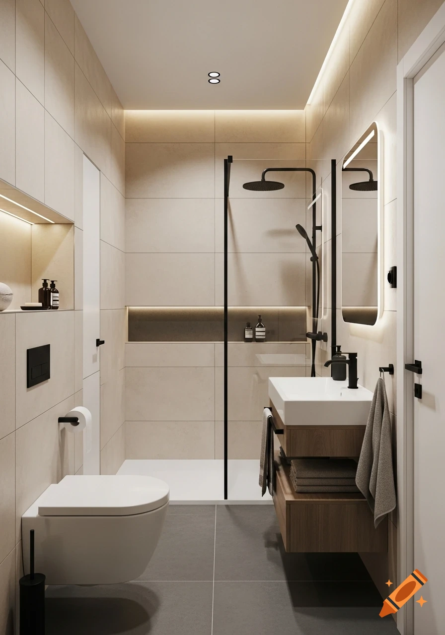 A narrow, modern bathroom with beige tiles, dark gray floor, walk-in shower, black fixtures, and indirect LED lighting.
