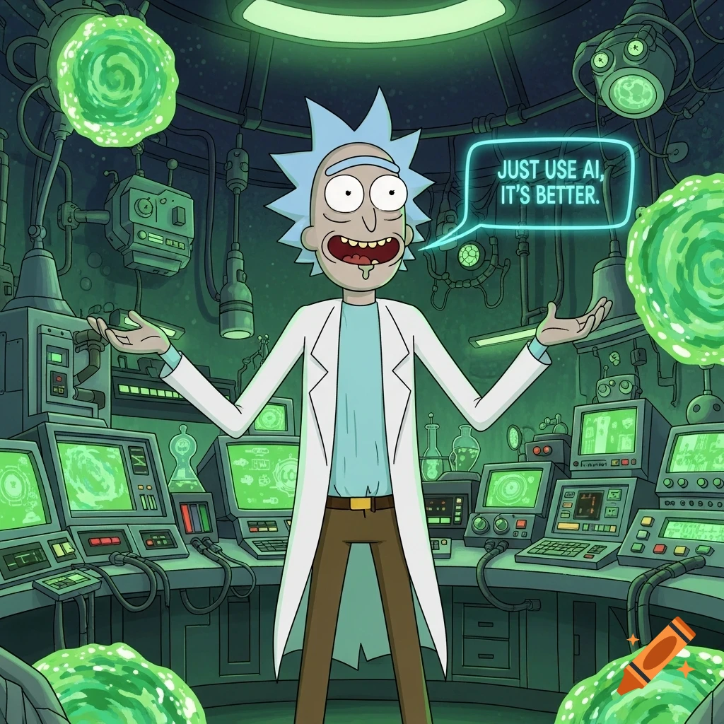Rick Sanchez in his sci-fi lab with green portals, shrugging with a speech bubble that says 'Just use AI, it's better.' Cartoon style.
