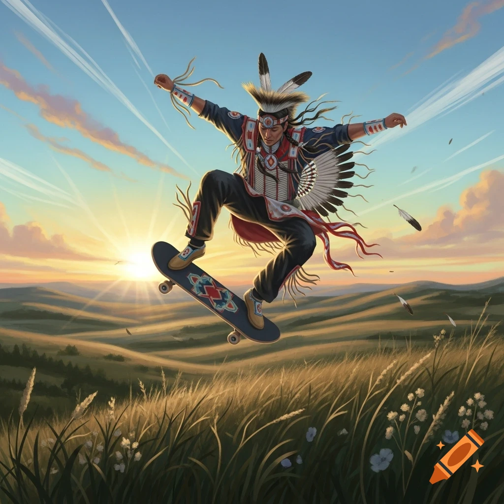 An Indigenous person in traditional attire performs a skateboarding trick over a grassy field during sunset, digital art.