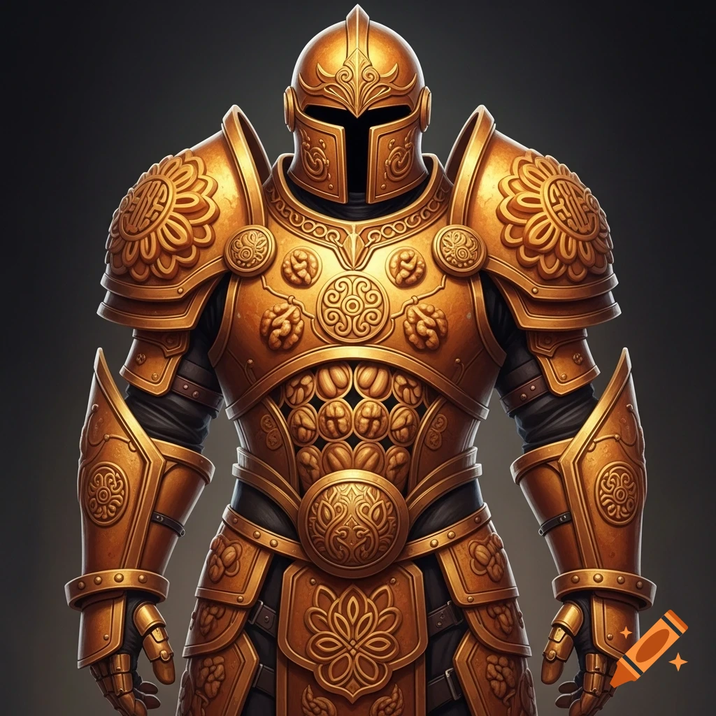 Highly detailed golden fantasy armor with intricate patterns inspired by Chinese mooncakes and nuts on a dark background.