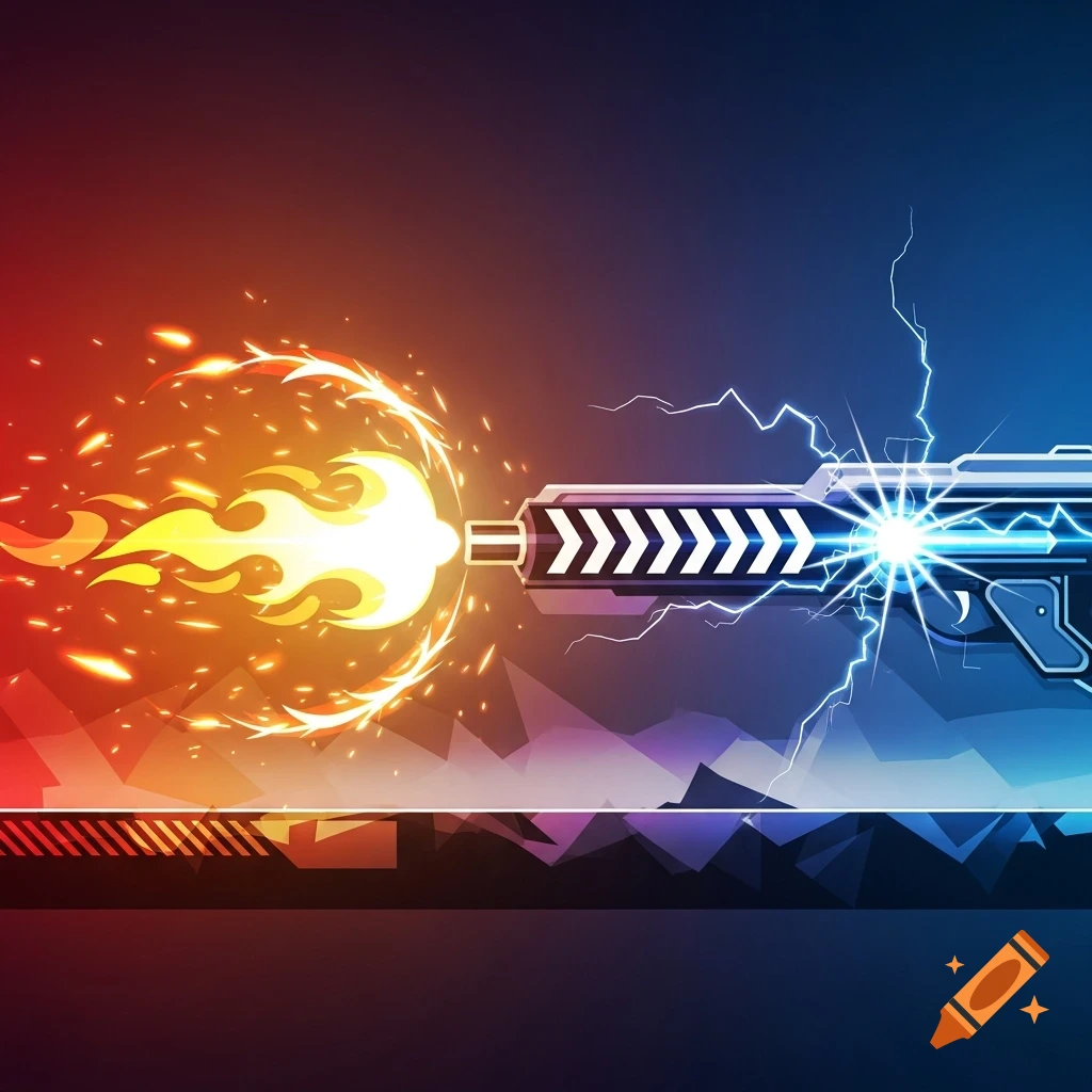 Stylized weapon firing fire and lightning against a red and blue split background, vector art.