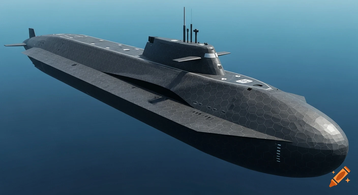 A sleek, dark grey, futuristic submarine with a hexagonal patterned hull and an integrated sail, partially submerged in blue water.